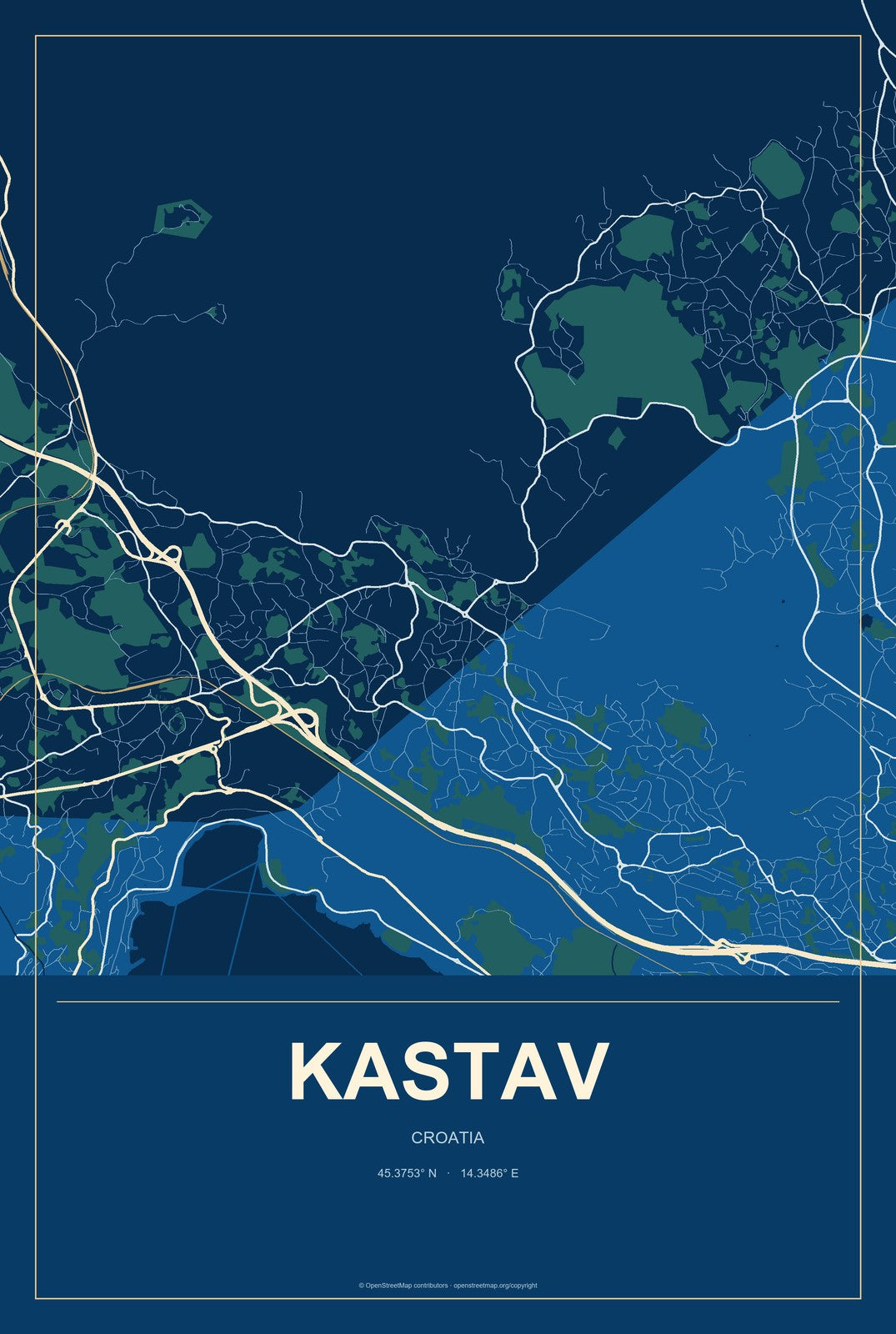 Kastav, Croatia City Map Aluminum Sign in Harbor Cobalt style