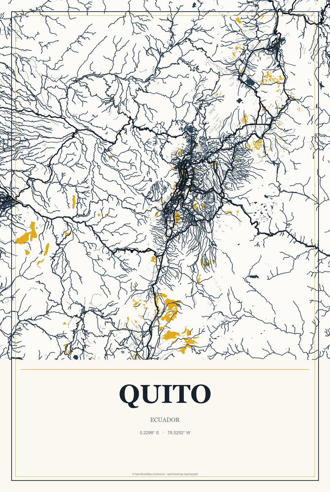 Quito, Ecuador City Map Aluminum Sign in Citrine Modern style