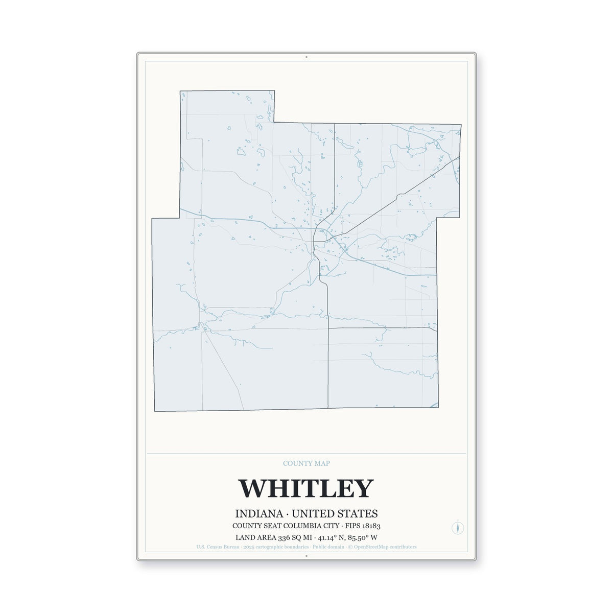 Whitley County, Indiana Map Aluminum Sign in Gallery Air style