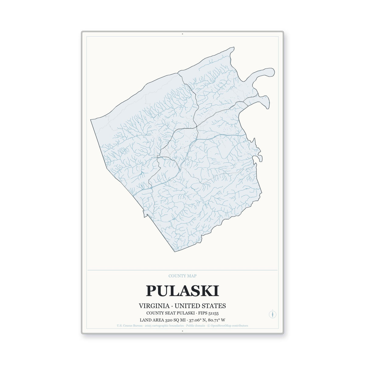 Pulaski County, Virginia Map Aluminum Sign in Gallery Air style