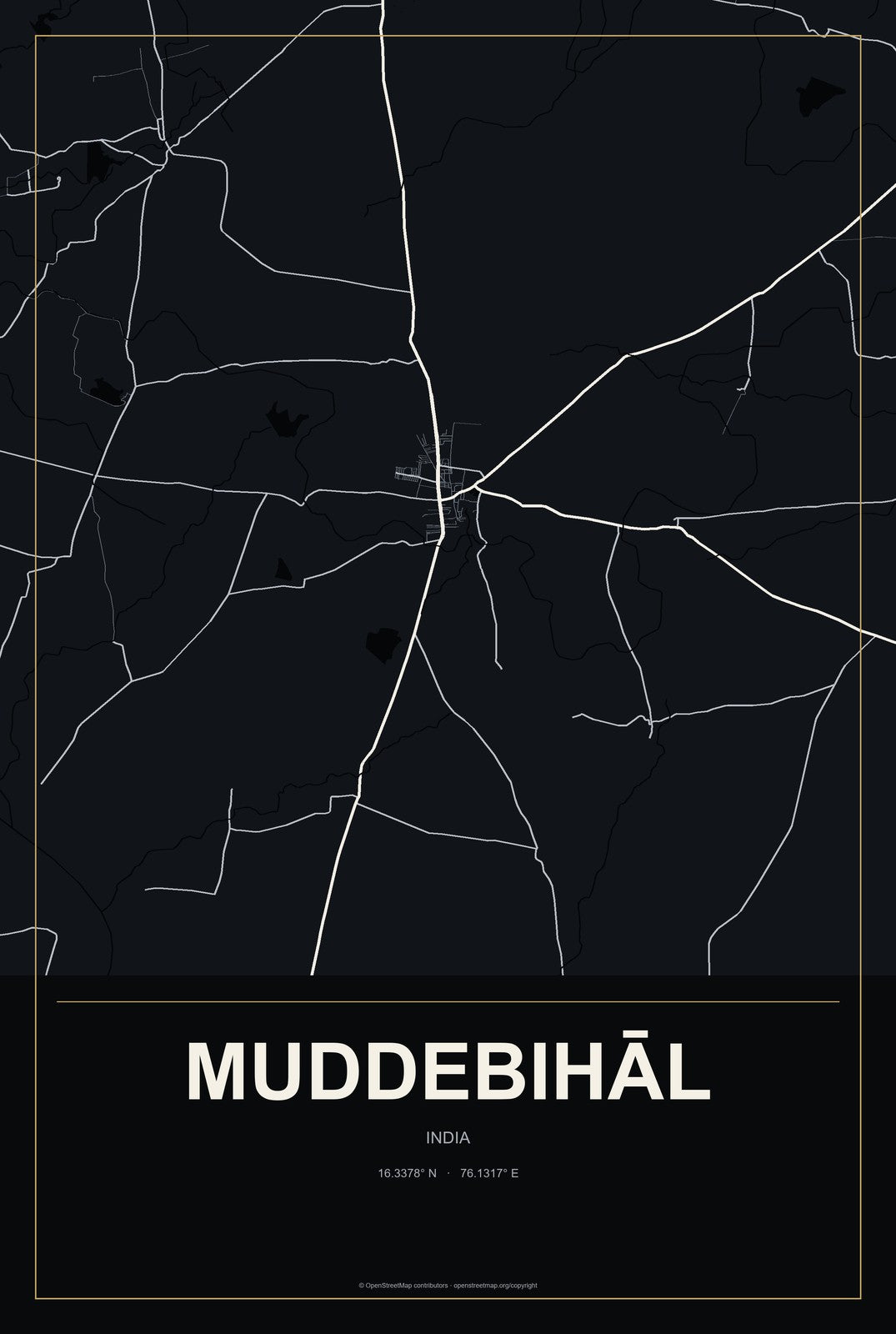 Muddebihāl, India City Map Aluminum Sign in Metropolitan Noir style