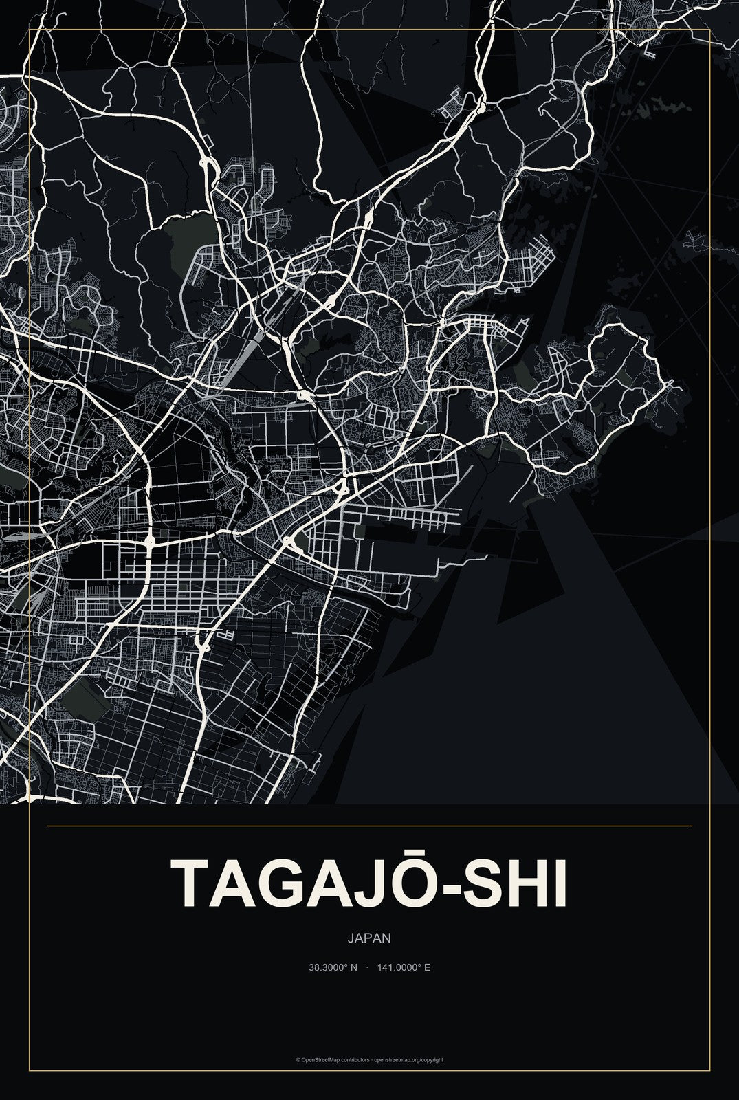 Tagajō-shi, Japan City Map Aluminum Sign in Metropolitan Noir style