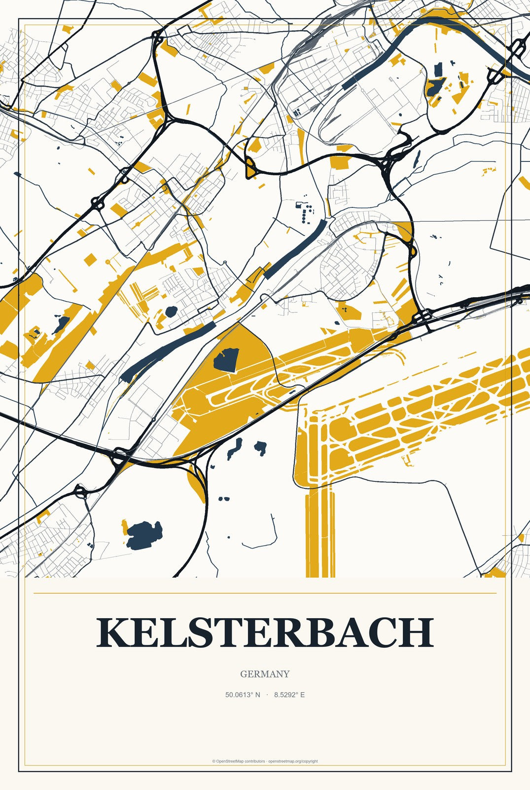 Kelsterbach, Germany City Map Aluminum Sign in Citrine Modern style