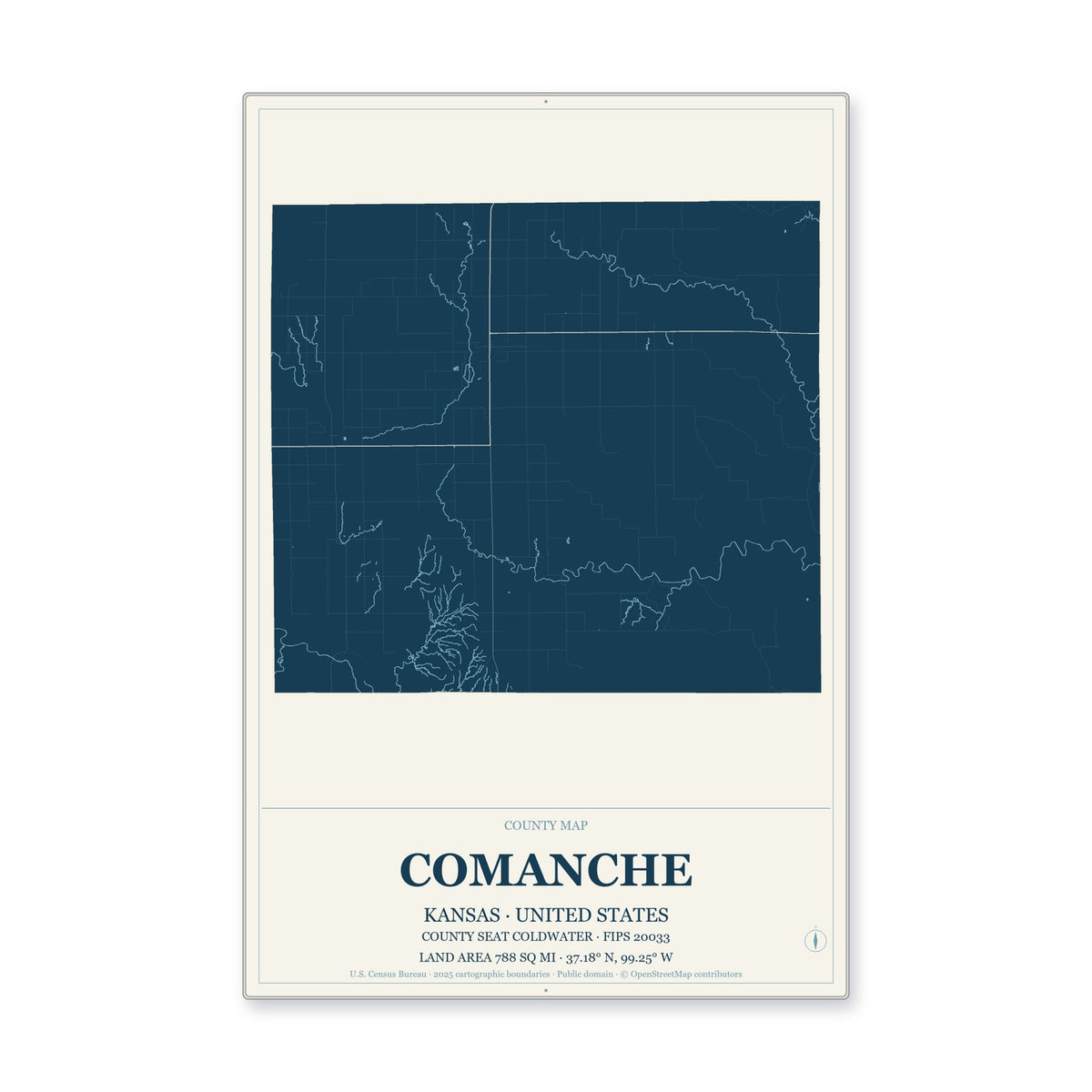 Comanche County, Kansas Map Aluminum Sign in Coastal Cutout style