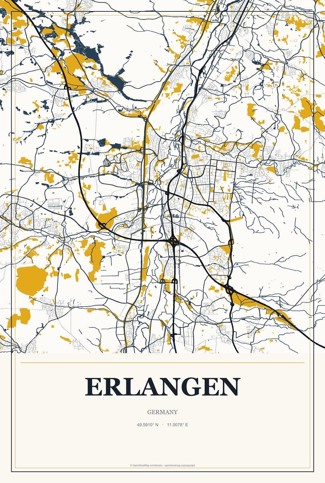 Erlangen, Germany City Map Aluminum Sign in Citrine Modern style