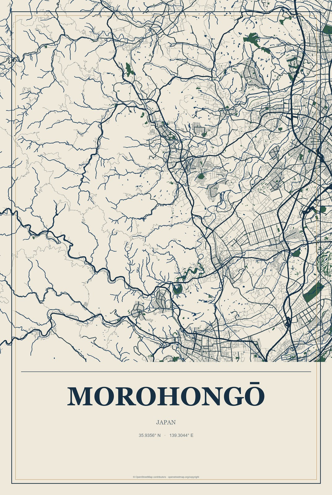 Morohongō, Japan City Map Aluminum Sign in Coastal Cutout style