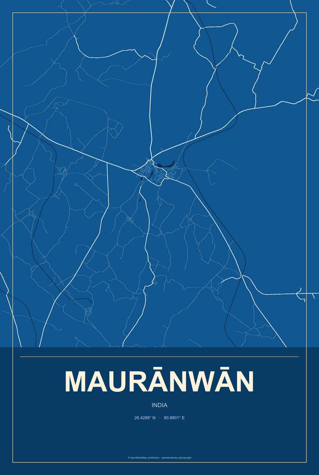 Maurānwān, India City Map Aluminum Sign in Harbor Cobalt style