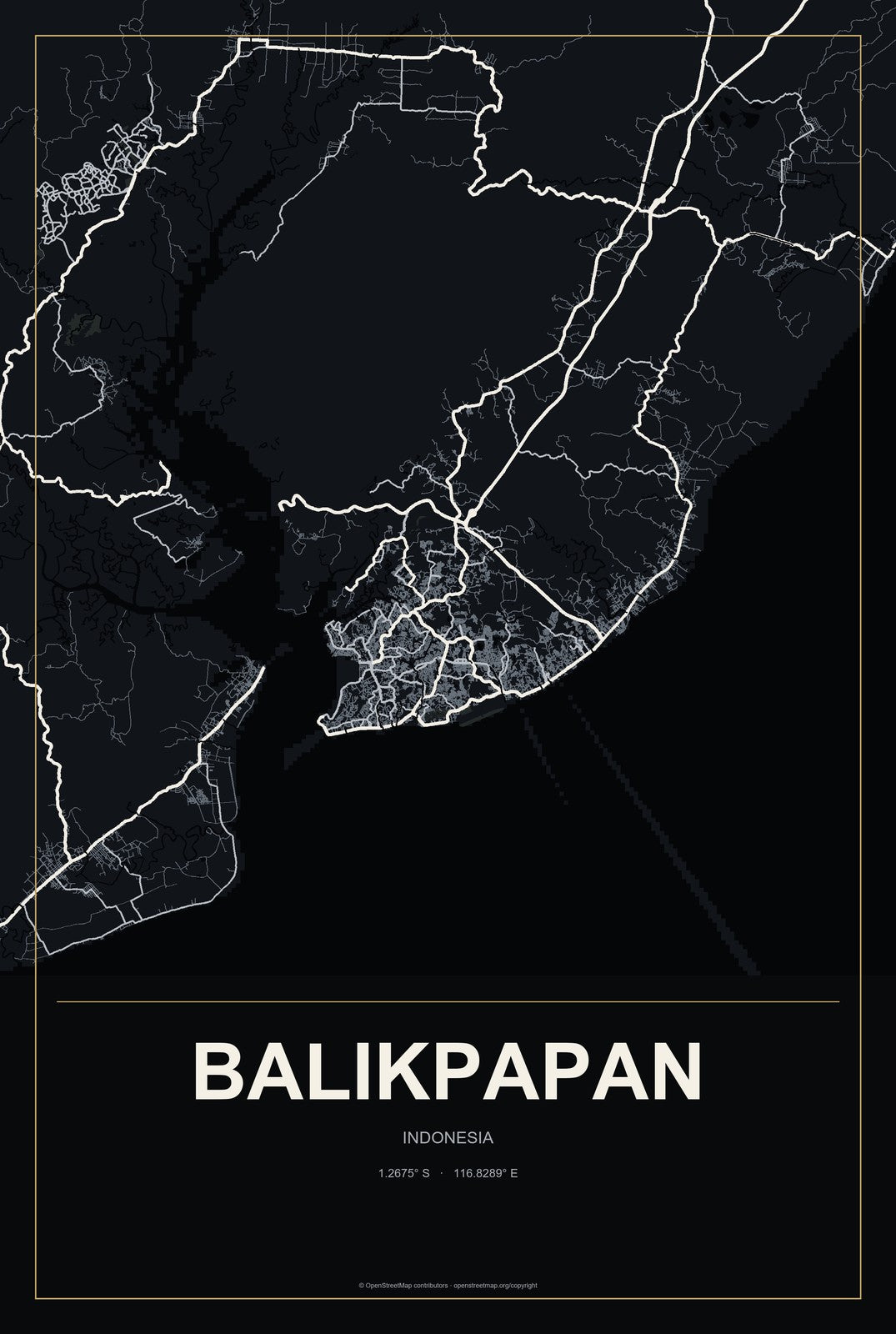 Balikpapan, Indonesia City Map Aluminum Sign in Metropolitan Noir style