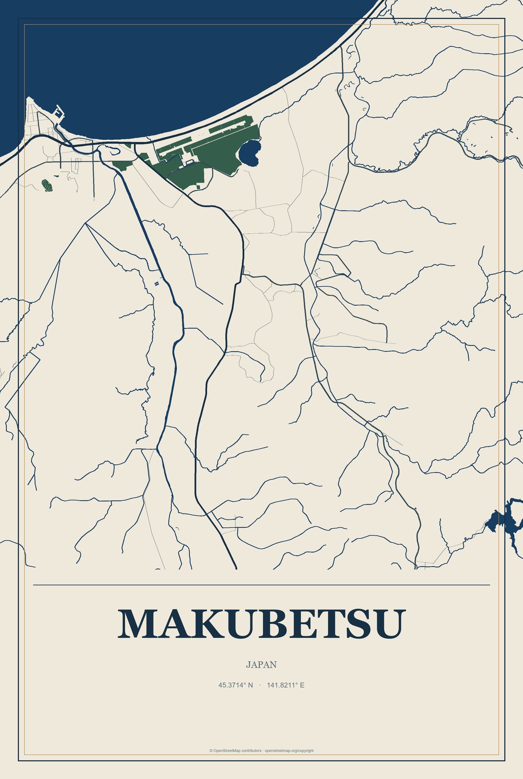 Makubetsu, Japan City Map Aluminum Sign in Coastal Cutout style