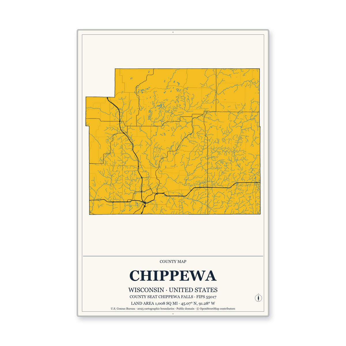 Chippewa County, Wisconsin Map Aluminum Sign in Citrine Modern style