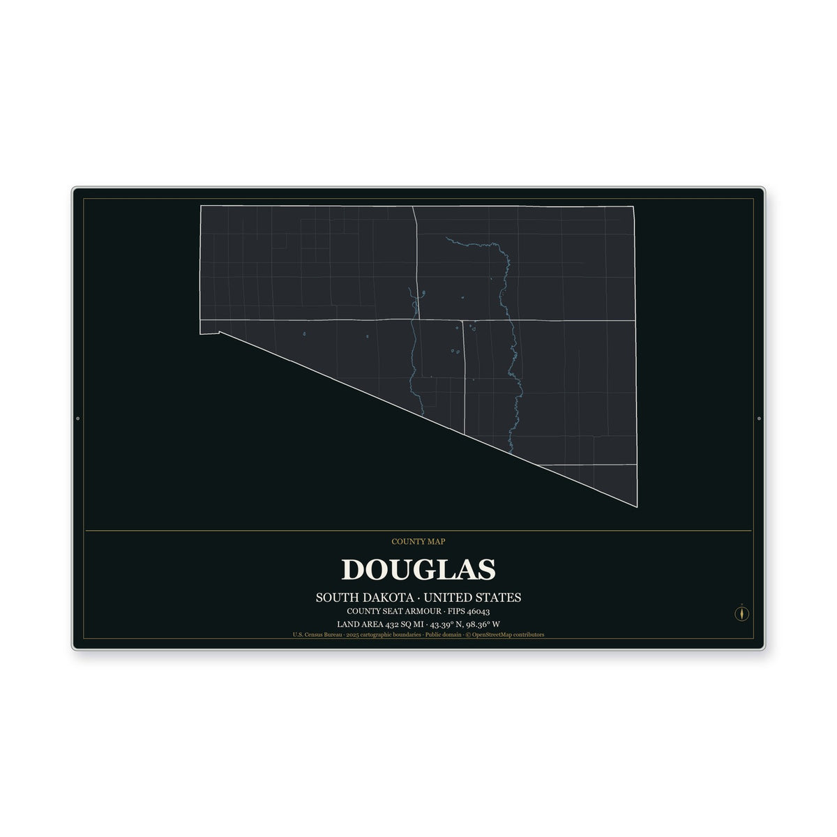 Douglas County, South Dakota Map Aluminum Sign in Metropolitan Noir style