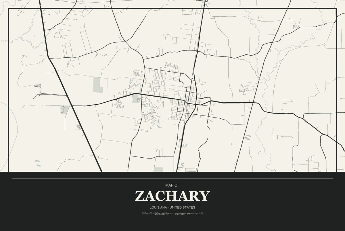 Zachary, Louisiana City Map Aluminum Sign in Museum Plaque style