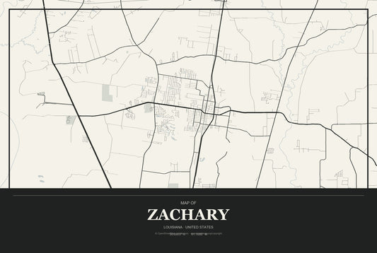 Zachary, Louisiana City Map Aluminum Sign in Museum Plaque style