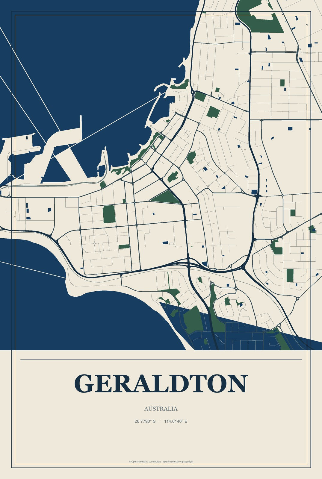 Geraldton, Australia City Map Aluminum Sign in Coastal Cutout style