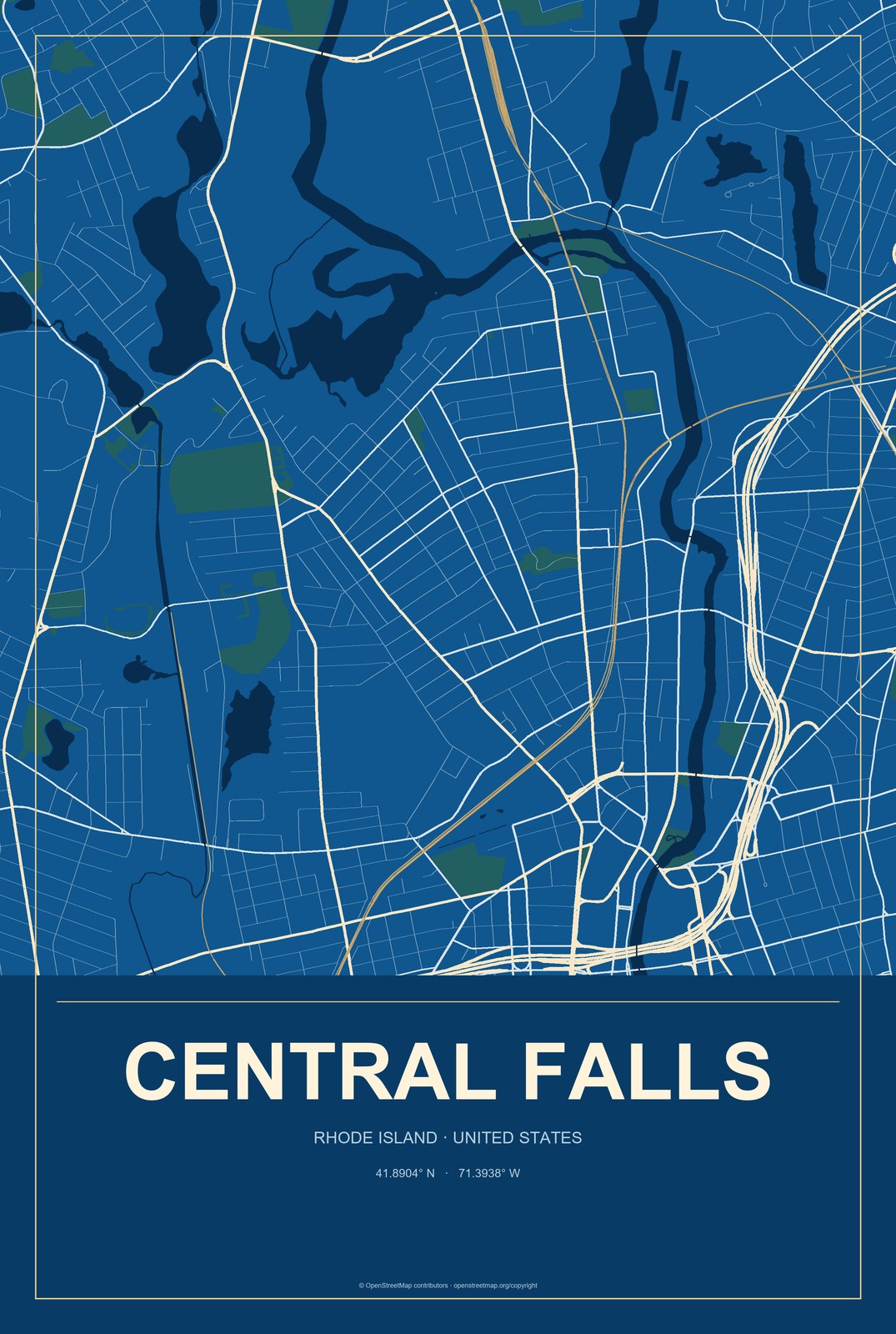 Central Falls, Rhode Island City Map Aluminum Sign in Harbor Cobalt style