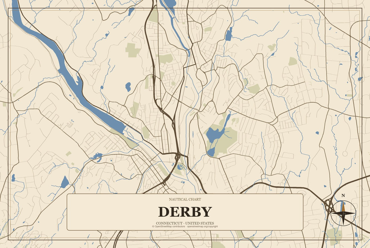 Derby, Connecticut City Map Aluminum Sign in Heritage Nautical style