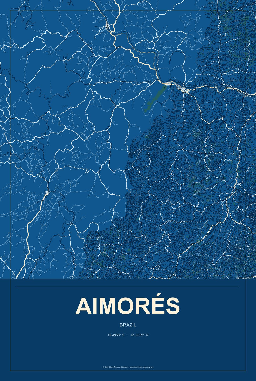Aimorés, Brazil City Map Aluminum Sign in Harbor Cobalt style