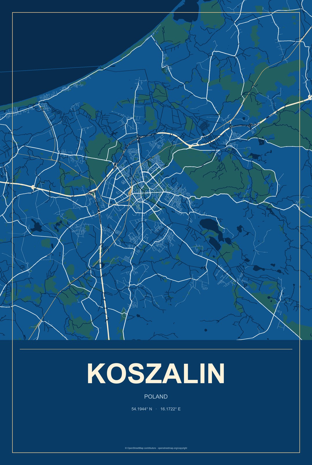 Koszalin, Poland City Map Aluminum Sign in Harbor Cobalt style