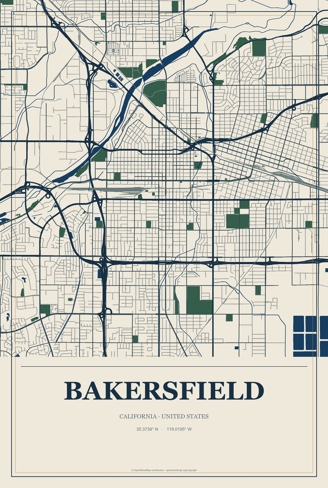 Bakersfield, California City Map Aluminum Sign in Coastal Cutout style