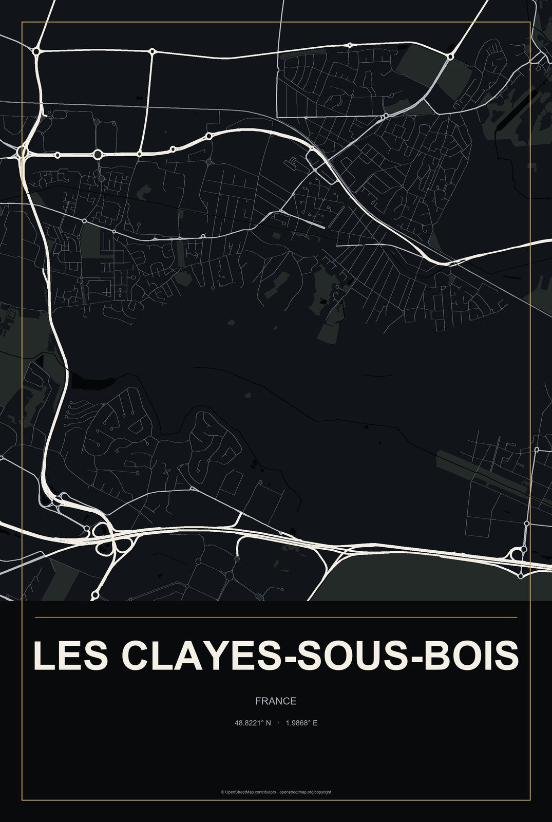 Les Clayes-sous-Bois, France City Map Aluminum Sign in Metropolitan Noir style