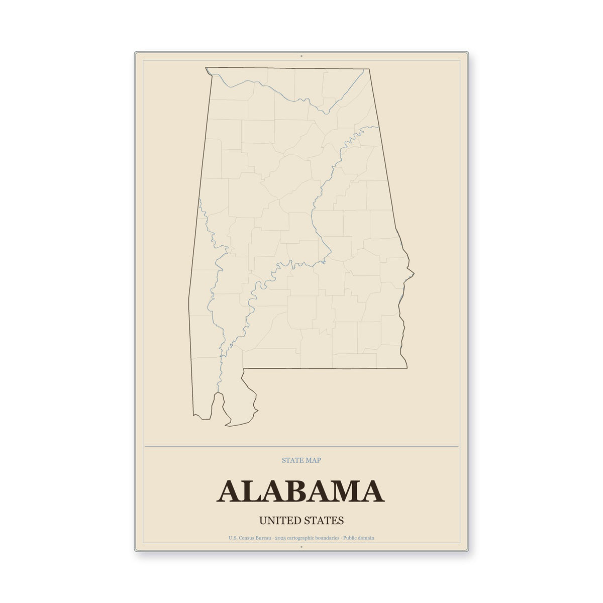 Alabama state map aluminum sign in Heritage Nautical style