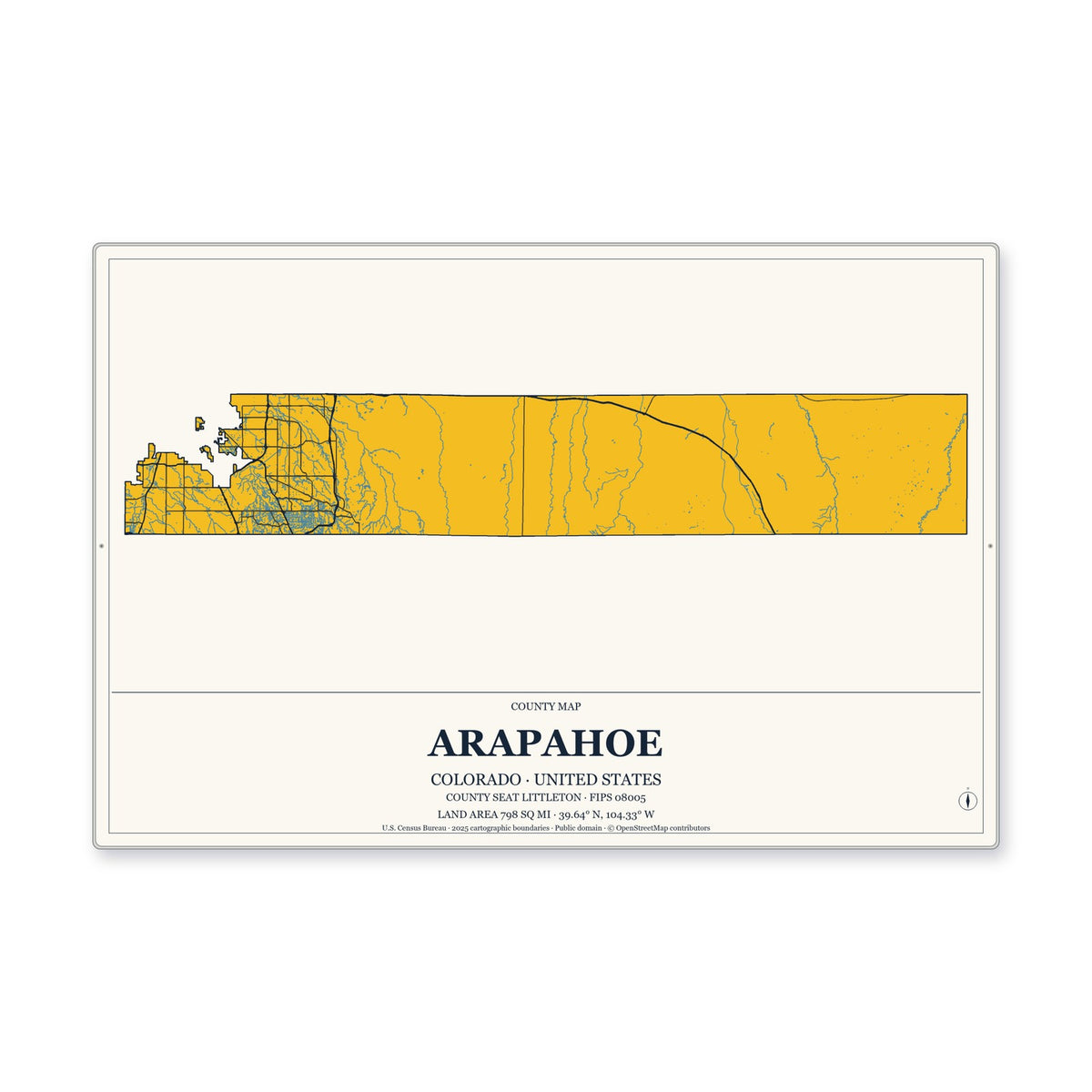Arapahoe County, Colorado Map Aluminum Sign in Citrine Modern style