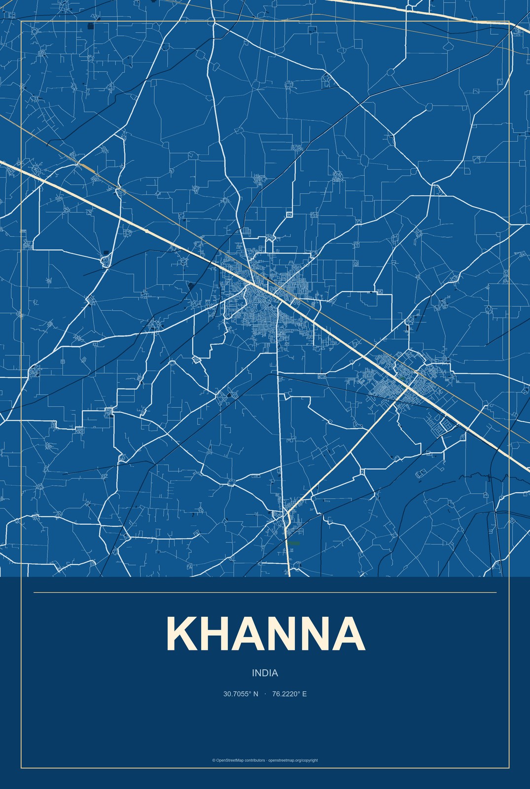 Khanna, India City Map Aluminum Sign in Harbor Cobalt style