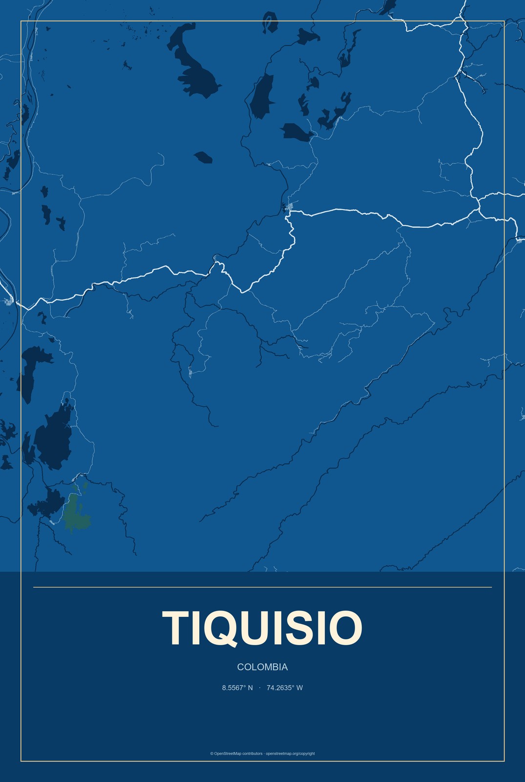 Tiquisio, Colombia City Map Aluminum Sign in Harbor Cobalt style