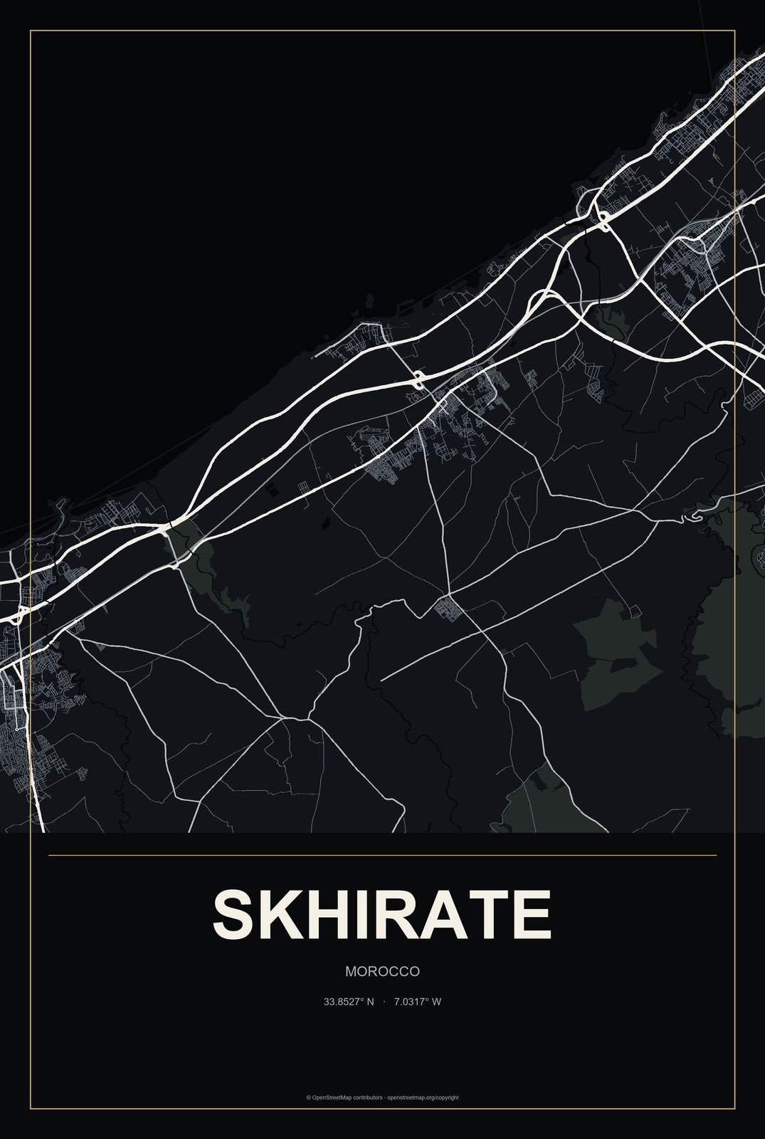 Skhirate, Morocco City Map Aluminum Sign in Metropolitan Noir style