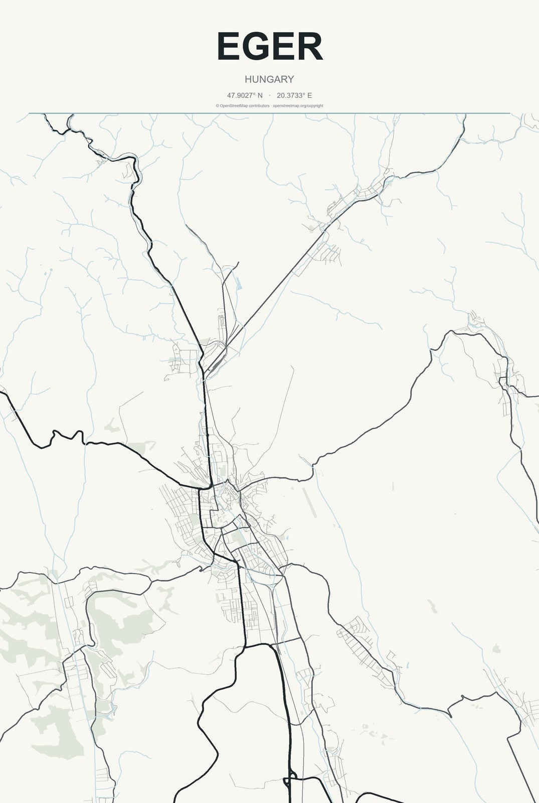 Eger, Hungary City Map Aluminum Sign in Headline Atlas style