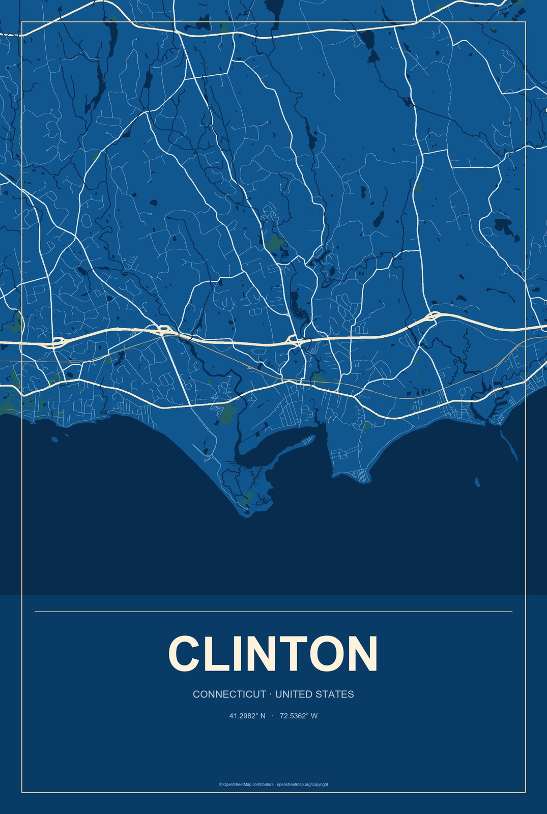 Clinton, Connecticut City Map Aluminum Sign in Harbor Cobalt style
