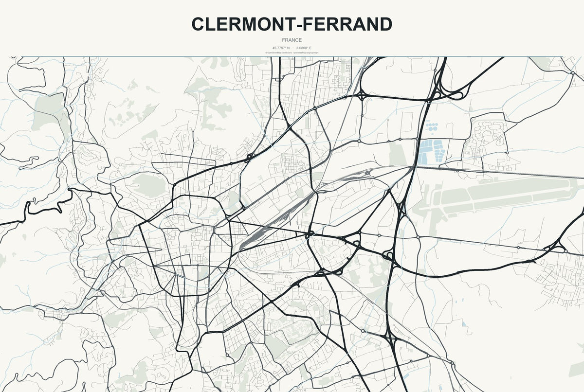 Clermont-Ferrand, France City Map Aluminum Sign in Headline Atlas style