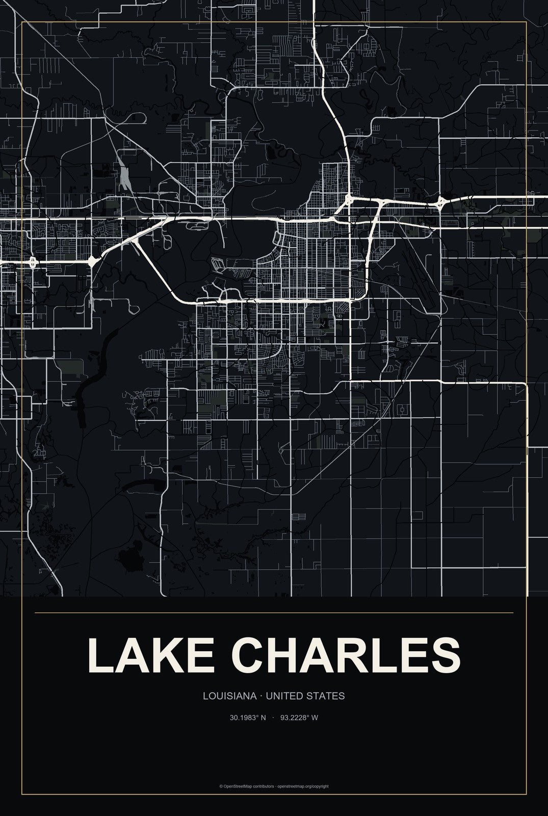 Lake Charles, Louisiana City Map Aluminum Sign in Metropolitan Noir style
