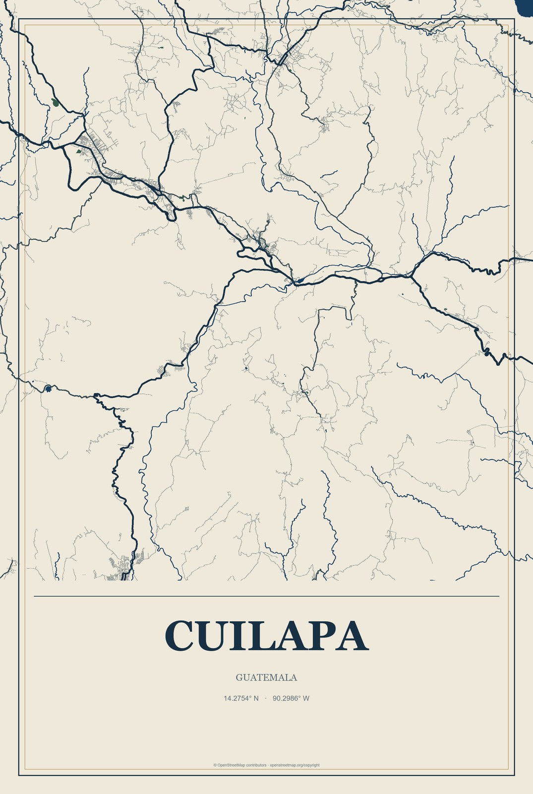 Cuilapa, Guatemala City Map Aluminum Sign in Coastal Cutout style