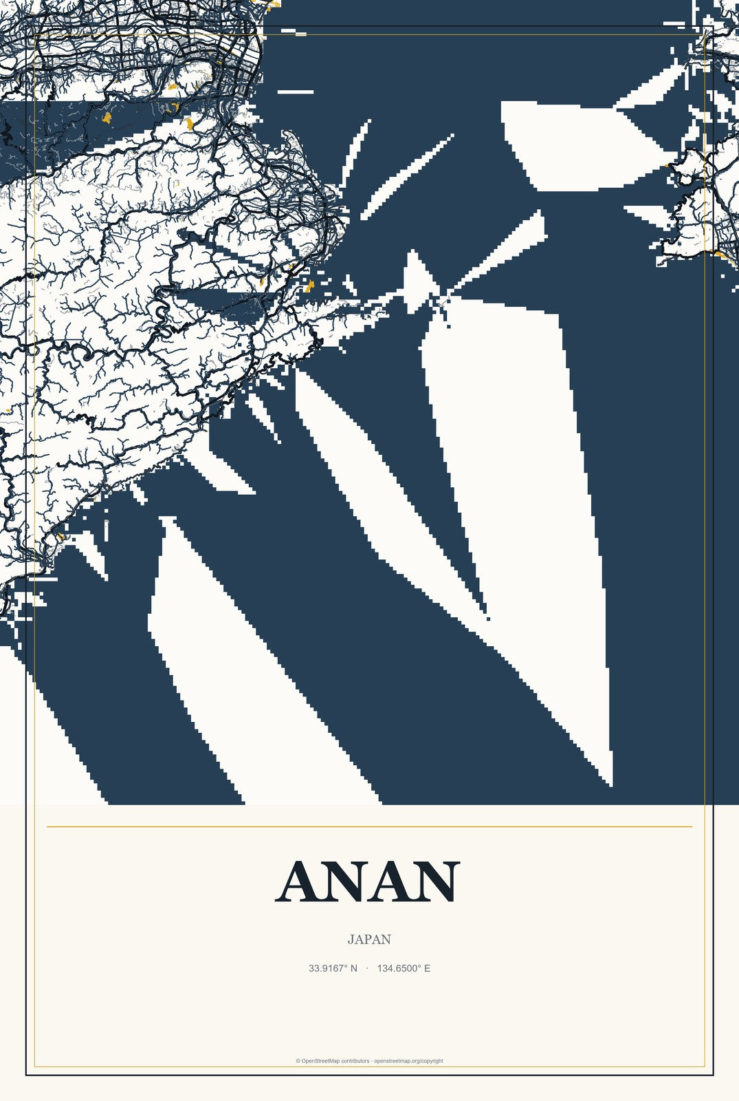 Anan, Japan City Map Aluminum Sign in Citrine Modern style