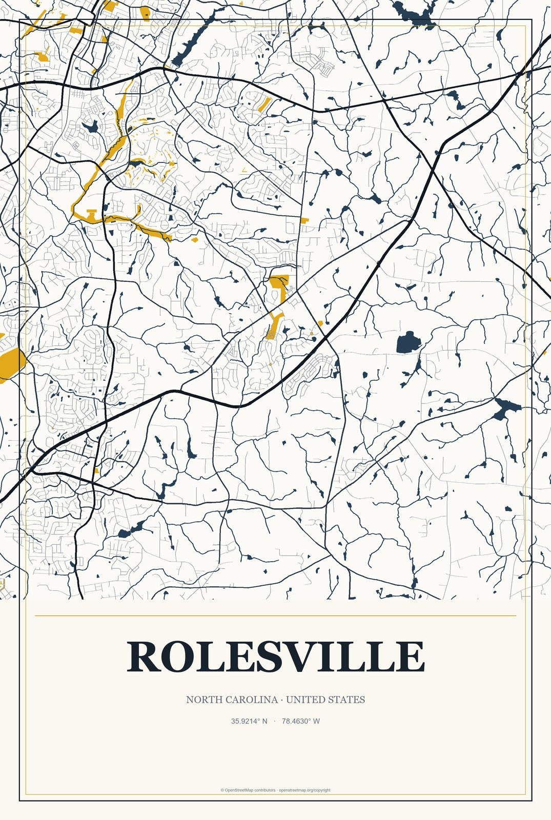Rolesville, North Carolina City Map Aluminum Sign in Citrine Modern style