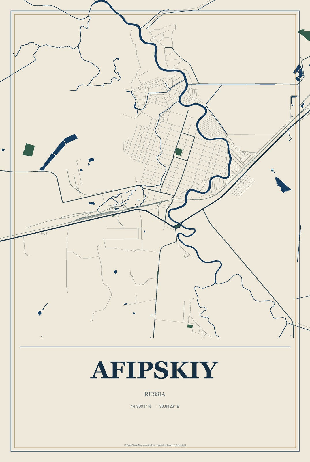 Afipskiy, Russia City Map Aluminum Sign in Coastal Cutout style