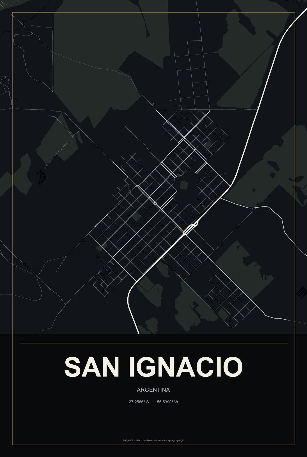 San Ignacio, Argentina City Map Aluminum Sign in Metropolitan Noir style