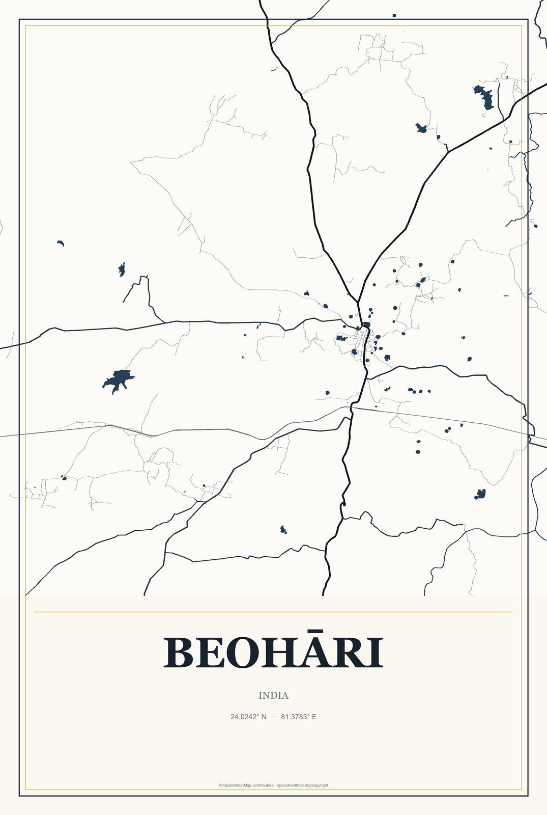 Beohāri, India City Map Aluminum Sign in Citrine Modern style