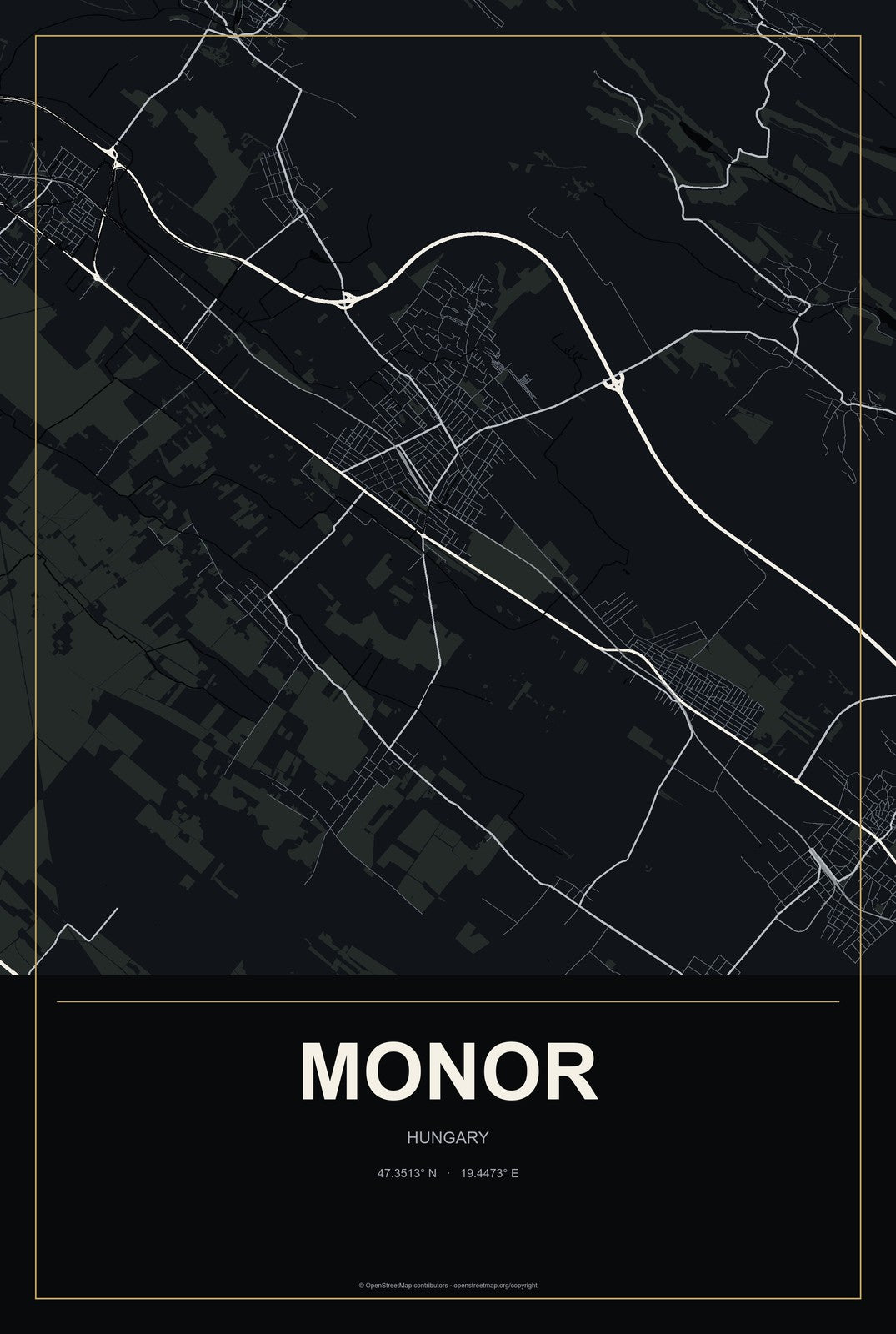 Monor, Hungary City Map Aluminum Sign in Metropolitan Noir style