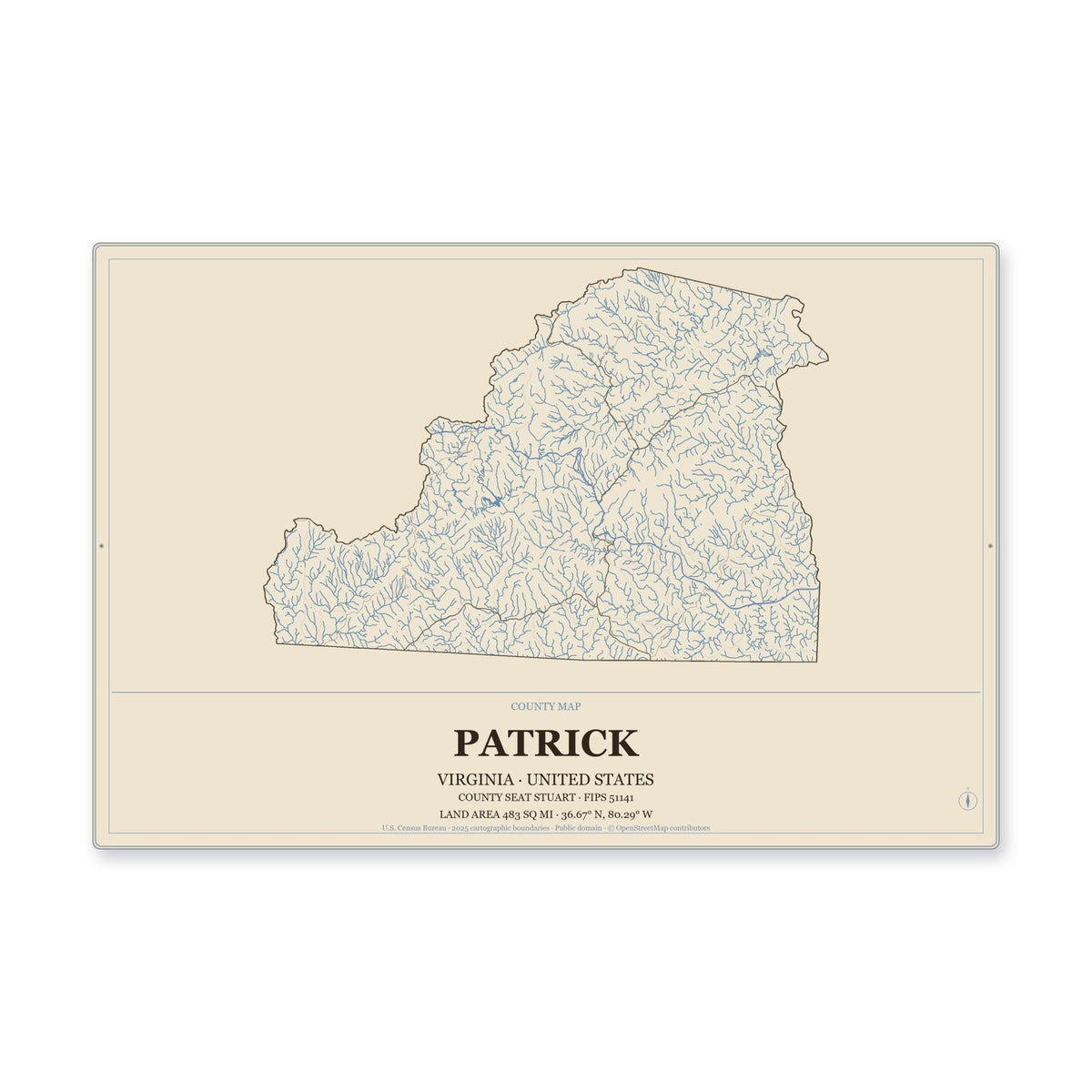 Patrick County, Virginia Map Aluminum Sign in Heritage Nautical style