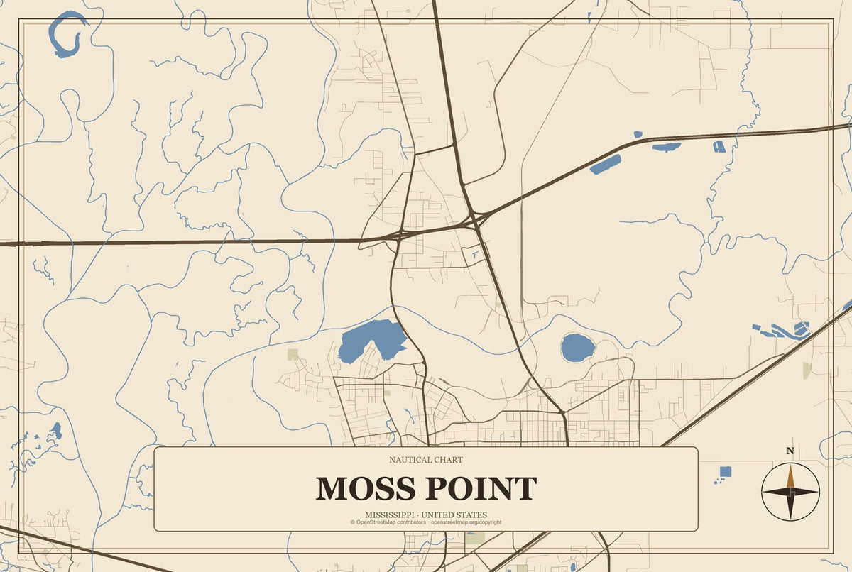 Moss Point, Mississippi City Map Aluminum Sign in Heritage Nautical style