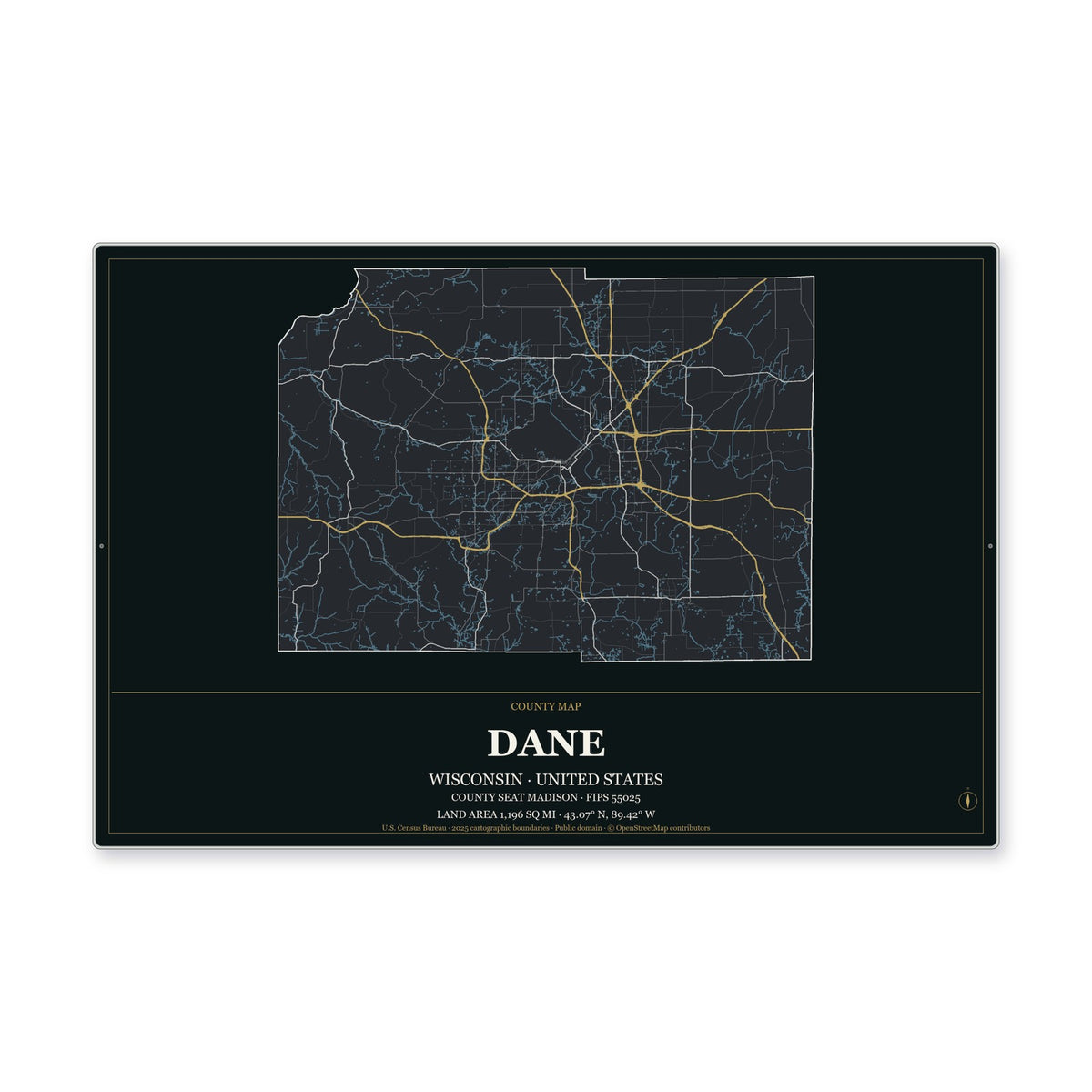 Dane County, Wisconsin Map Aluminum Sign in Metropolitan Noir style