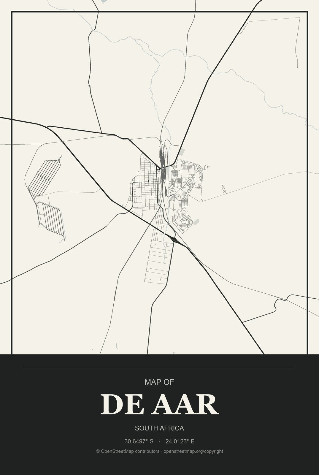 De Aar, South Africa City Map Aluminum Sign in Museum Plaque style