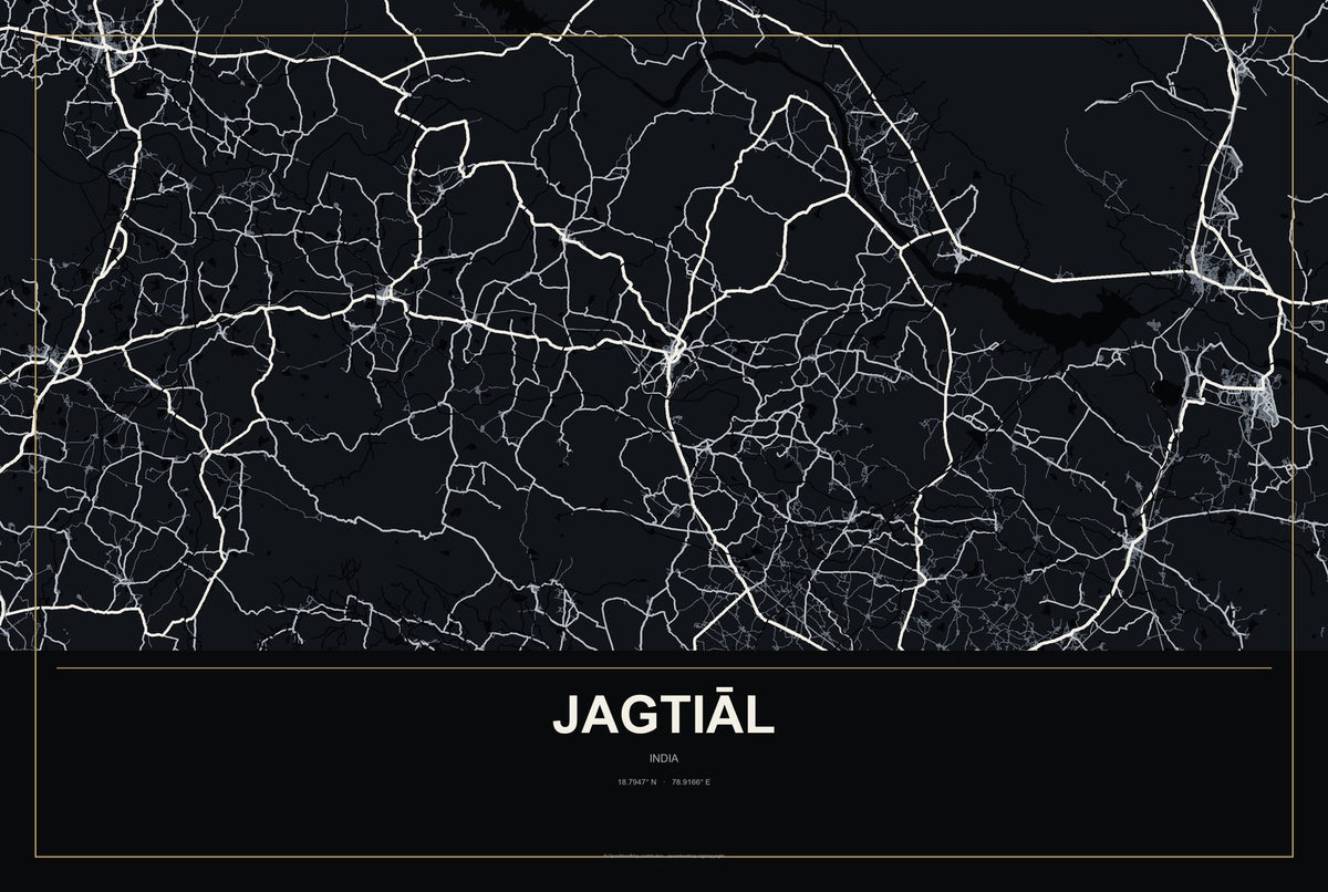 Jagtiāl, India City Map Aluminum Sign in Metropolitan Noir style