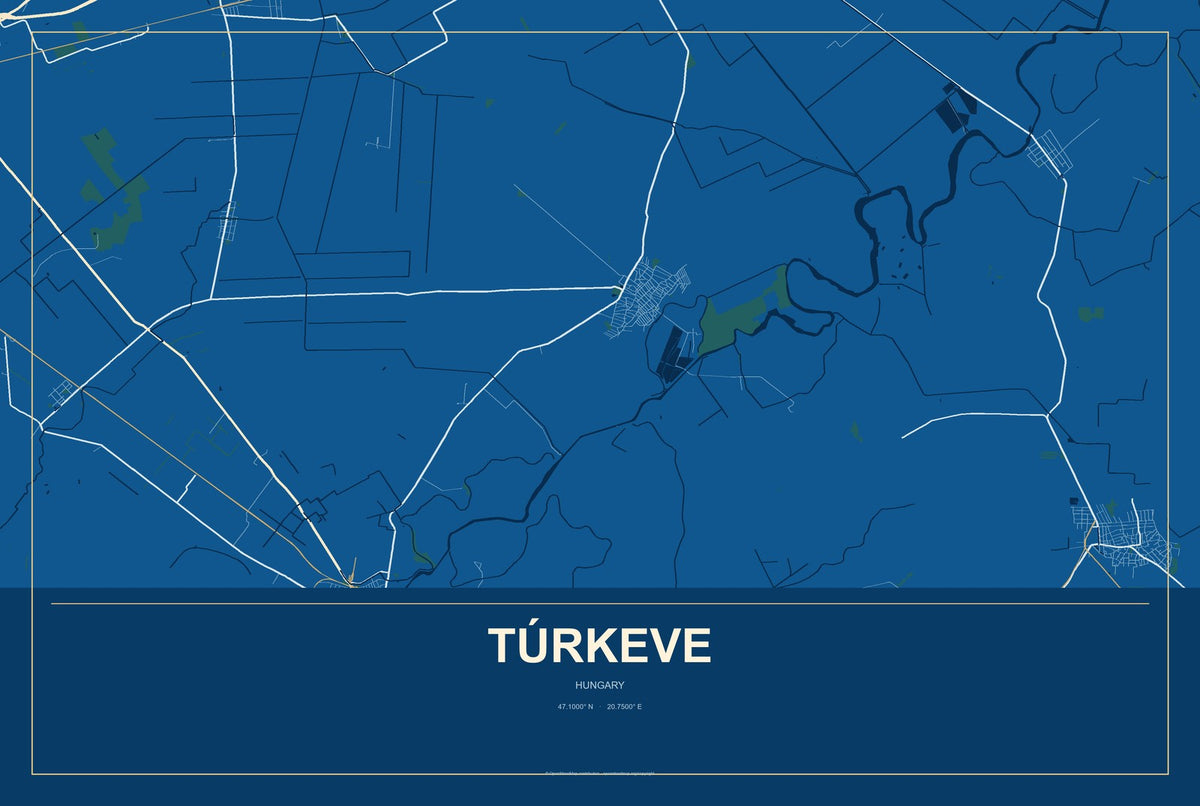 Túrkeve, Hungary City Map Aluminum Sign in Harbor Cobalt style