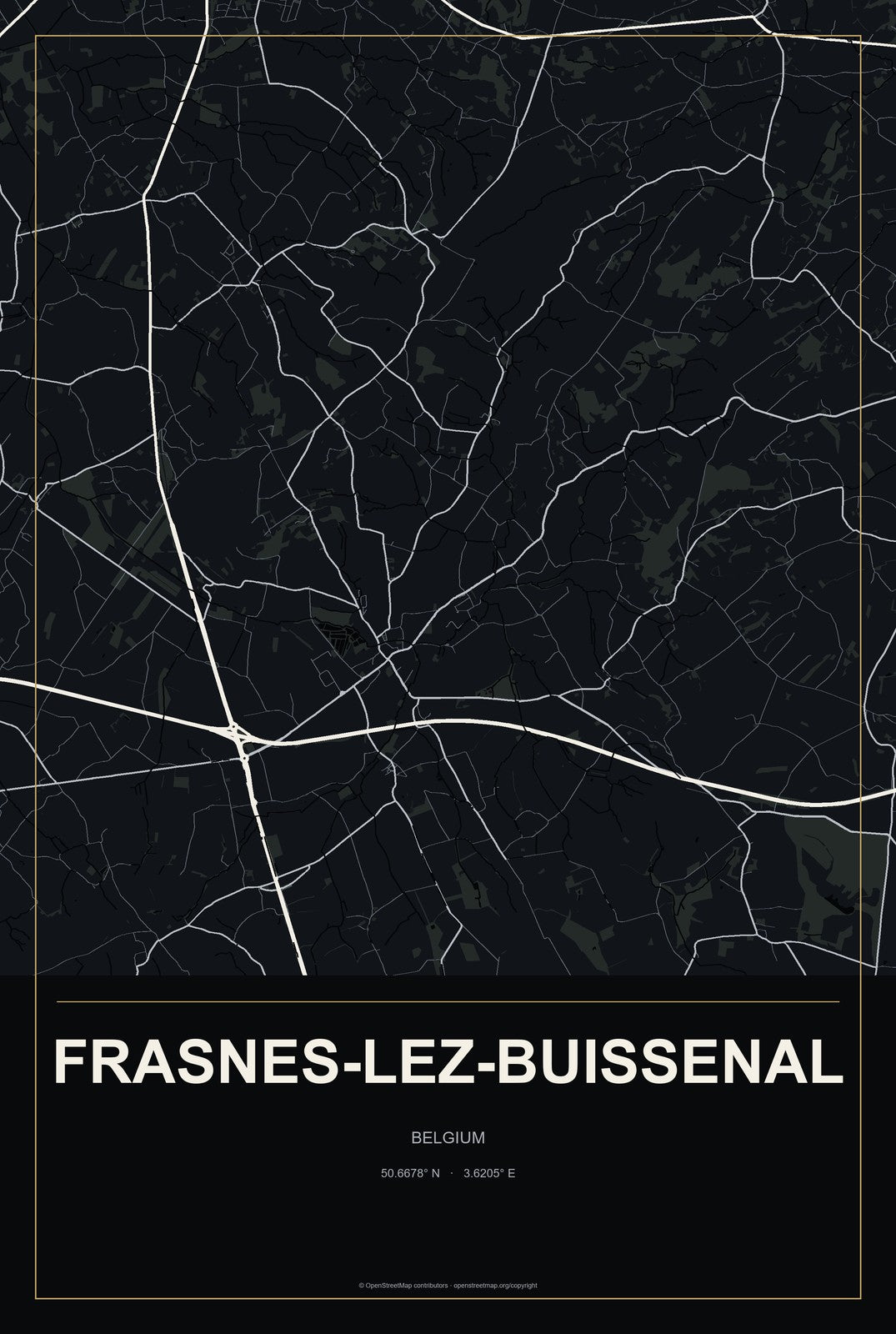 Frasnes-lez-Buissenal, Belgium City Map Aluminum Sign in Metropolitan Noir style