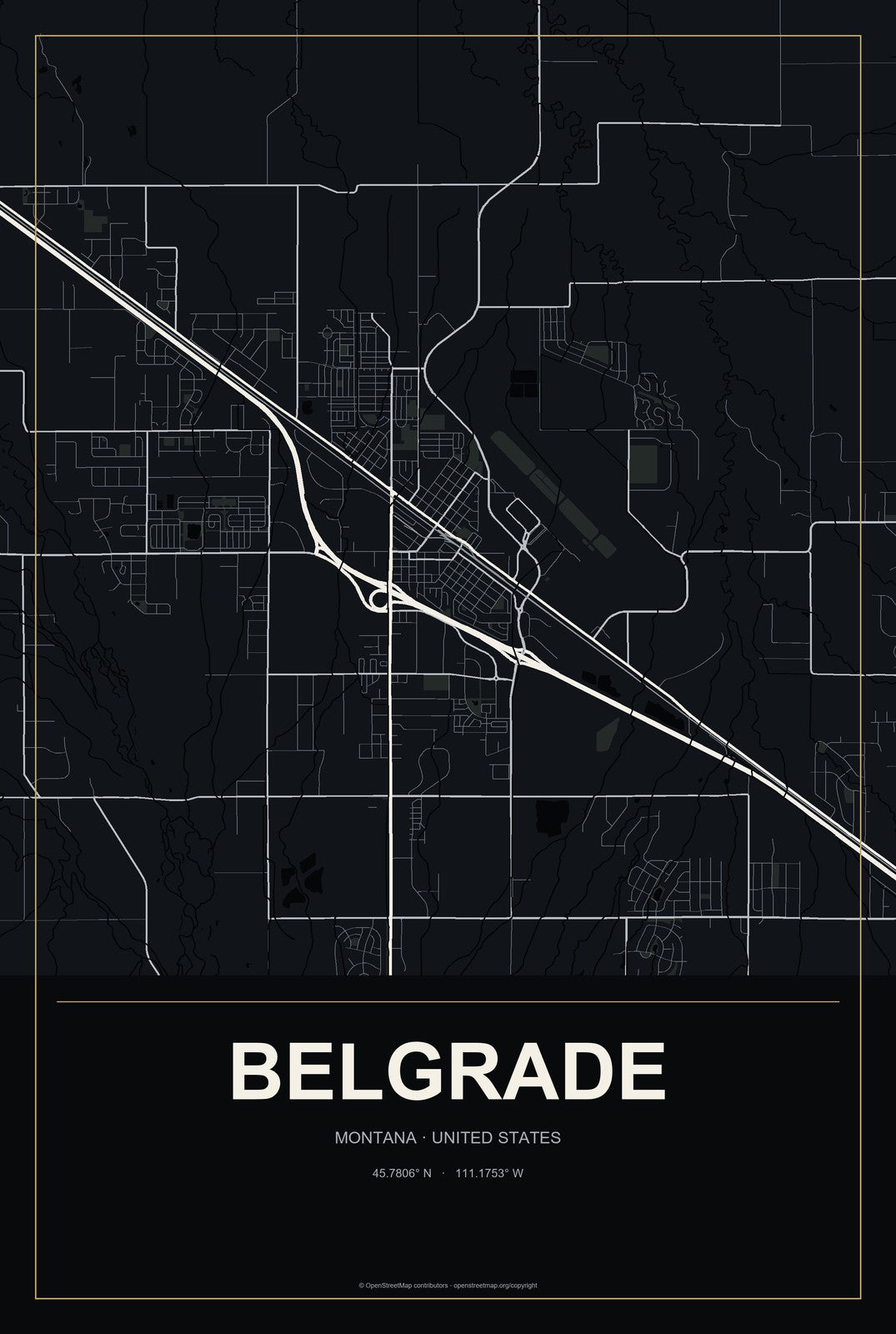 Belgrade, Montana City Map Aluminum Sign in Metropolitan Noir style