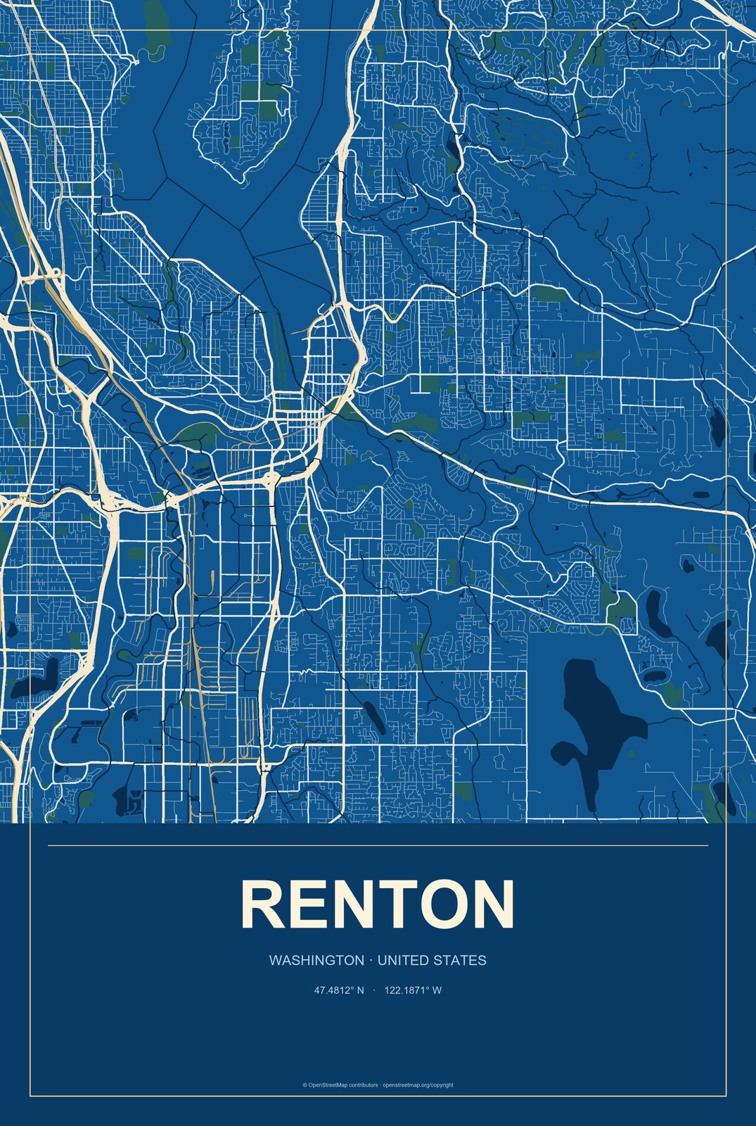 Renton, Washington City Map Aluminum Sign in Harbor Cobalt style
