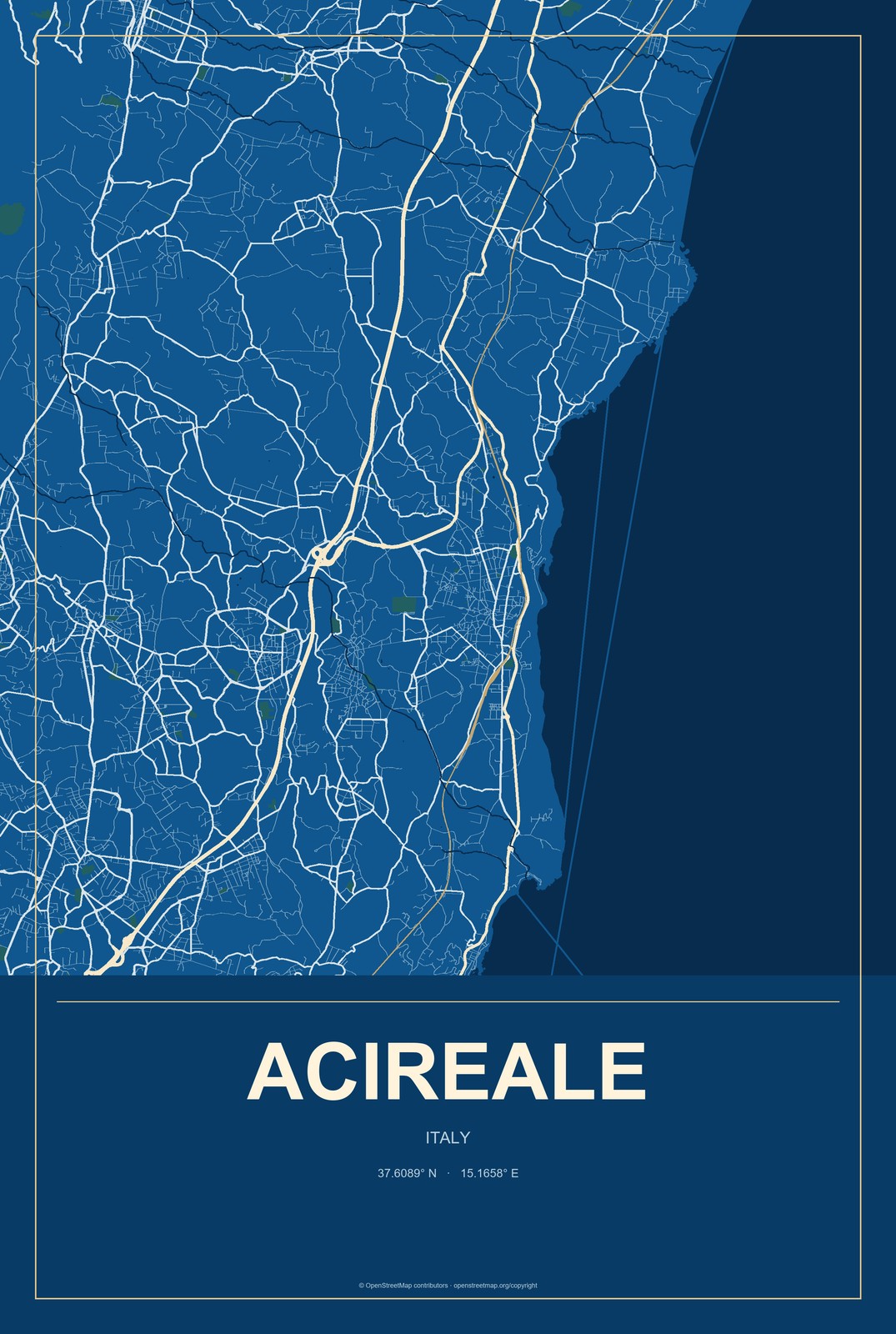 Acireale, Italy City Map Aluminum Sign in Harbor Cobalt style